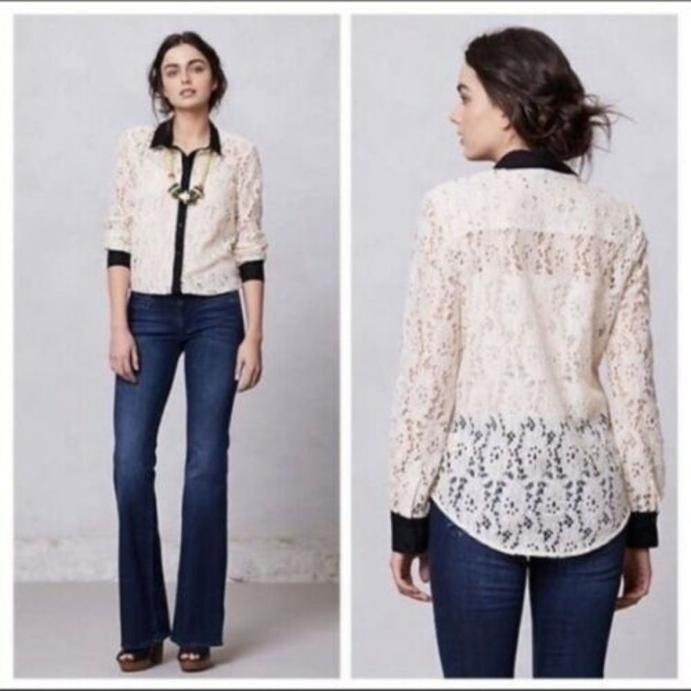 Vanessa Virginia Anthropologie Lace Button Down Shirt Cream Black Contrast US 2